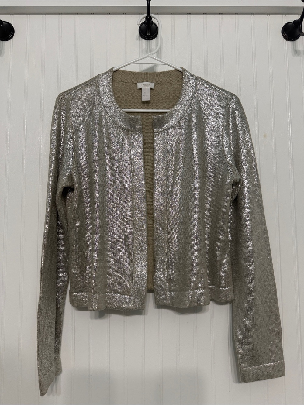 Chico’s Cardigan Cotton w/Metallic Sheen Open Front EUC